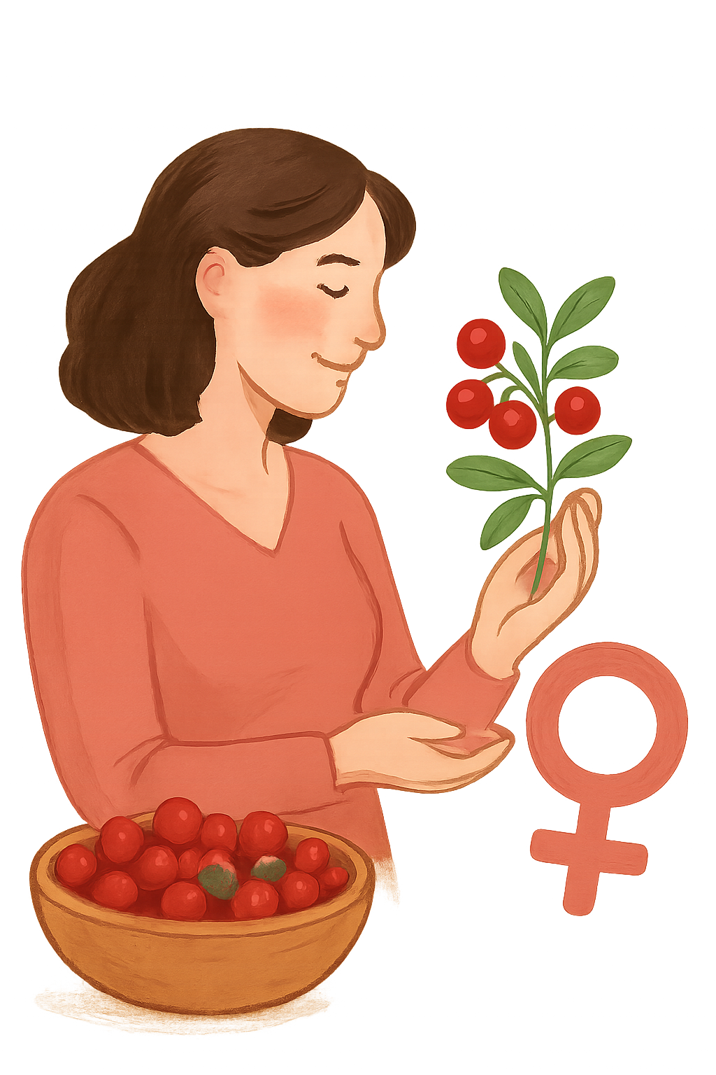 Изображение на жена и купа с червенаи боровинки пред нея