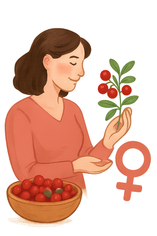 Изображение на жена и купа с червенаи боровинки пред нея