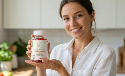 Жена държи пробиотик желирани мечета за женско здраве VagiBloom