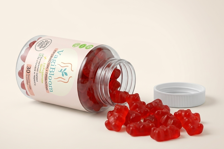 Пробиотик желирани мечета за женско здраве VagiBloom, желирани мечета изсипани от ботилката, червени желирани пробиотични мечета пред бутилката