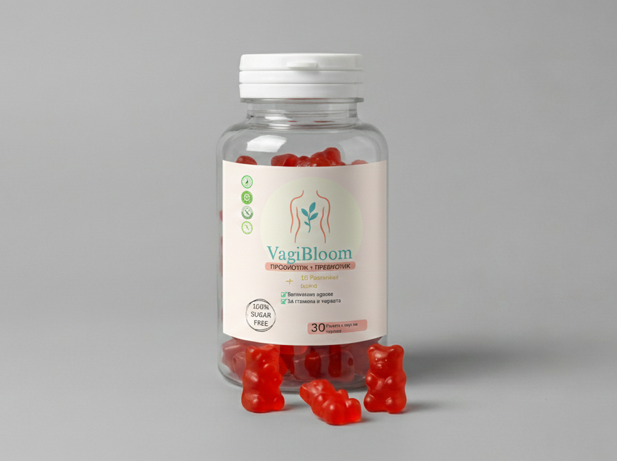 Пробиотик желирани мечета за женско здраве VagiBloom гледка отпред, червени желирани пробиотични мечета пред бутилката 